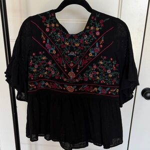 Umgee Black Blouse with Colorful Embroidery